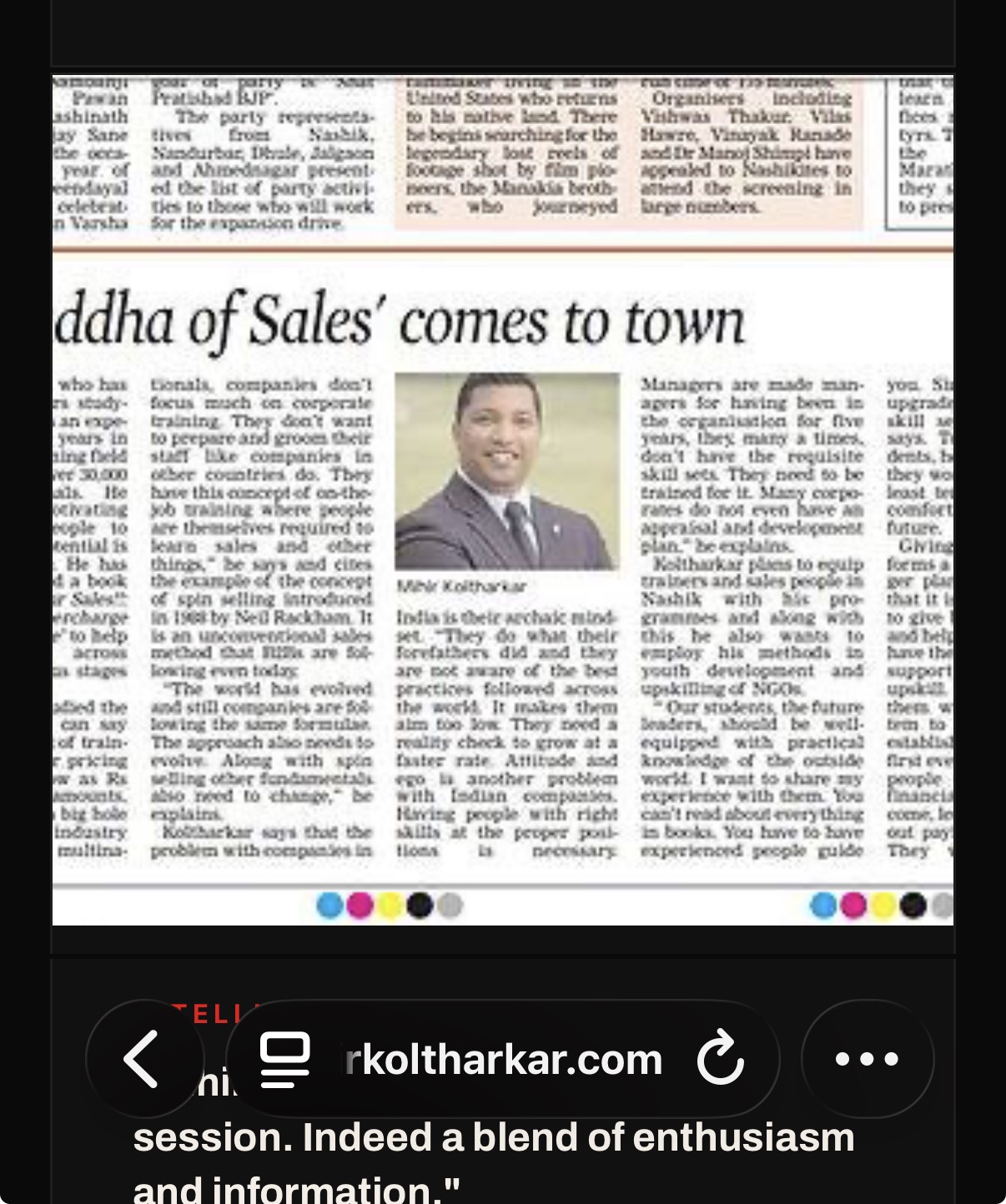 The Smiling Buddha of Sales article about Mihir Koltharkar — Business Today newspaper clipping