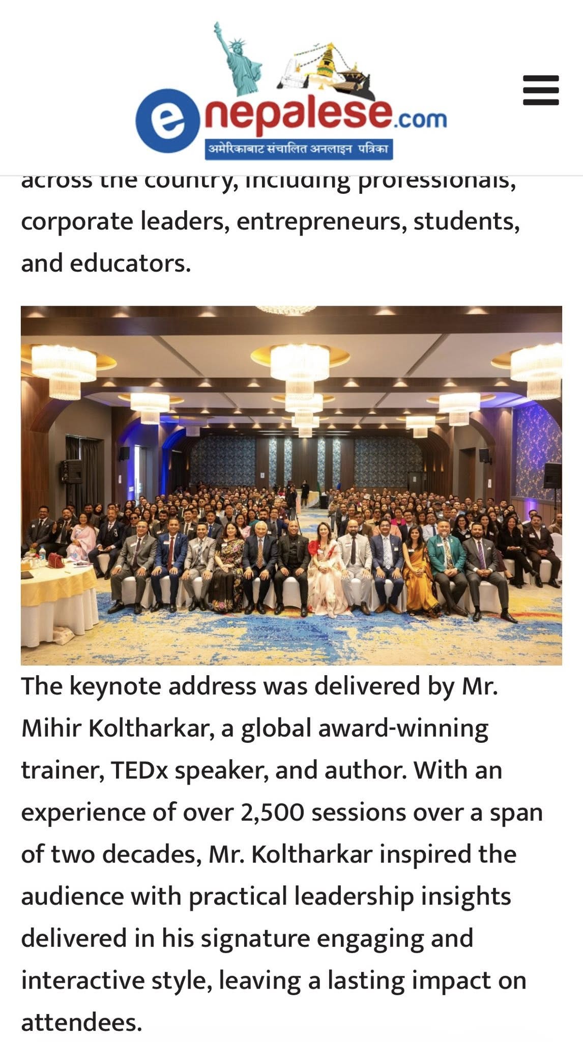 enepalese.com article on Mihir Koltharkar keynote Nepal